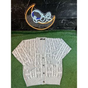VTG Peter England‎ Mens XL Gray&White 4-Button Cardigan Sweater Argyle